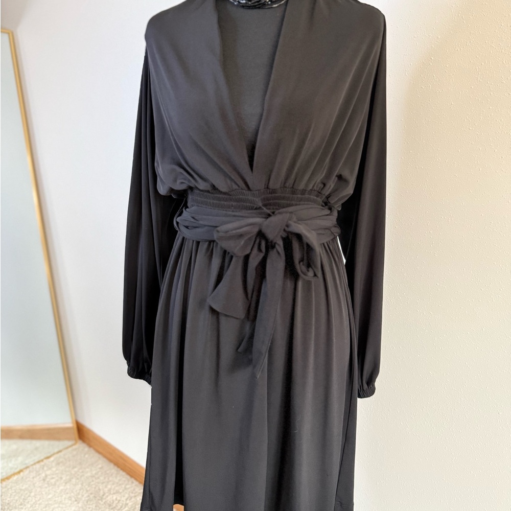 Boston Proper Muse Black Draped Tie Waist Dress Size 4 Long Sleeve